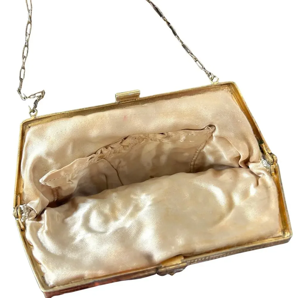 Vintage 1940s 1950s Beaded Evening Purse Gold Frame Chain Floral Bridal Bag